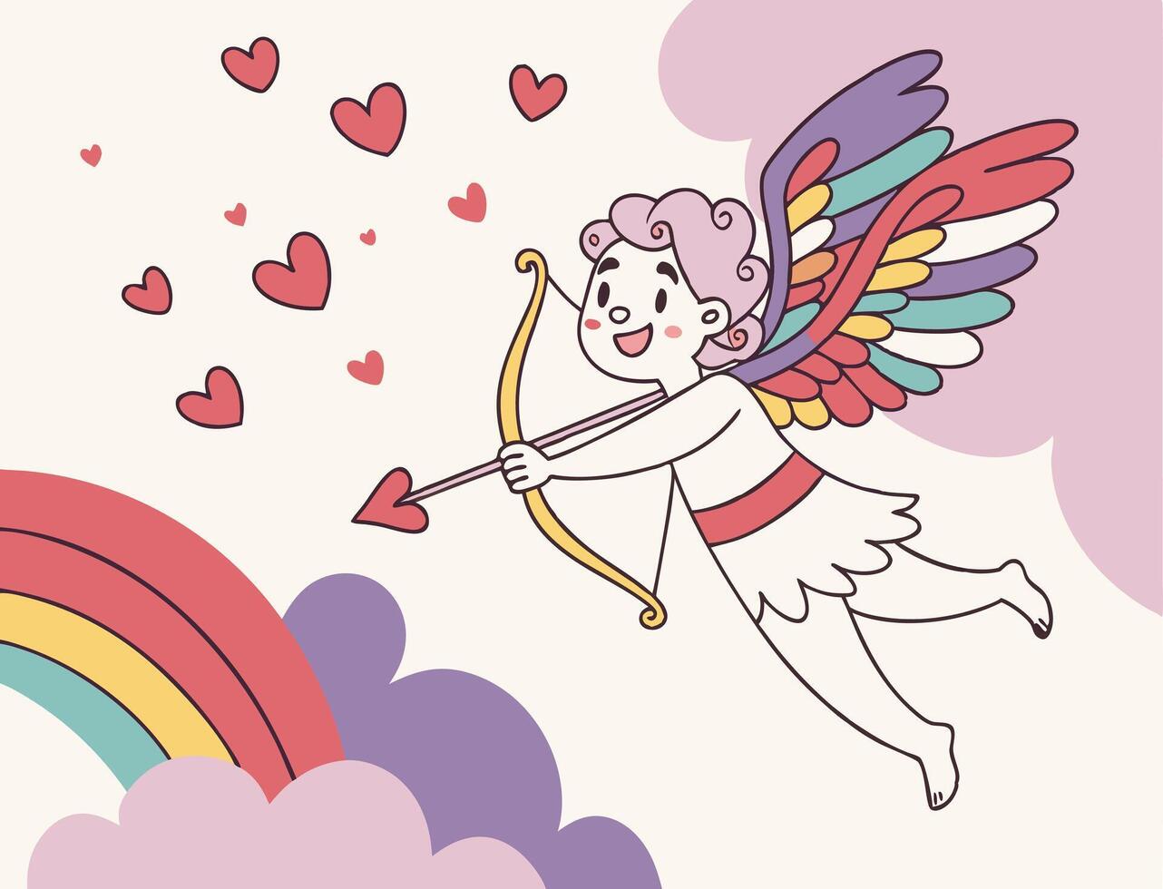 A magical Cupid with bright, multihued wings and arrows floats on a vibrant pastel backdrop of pink, purple, and red, leaving the center free for text. vector