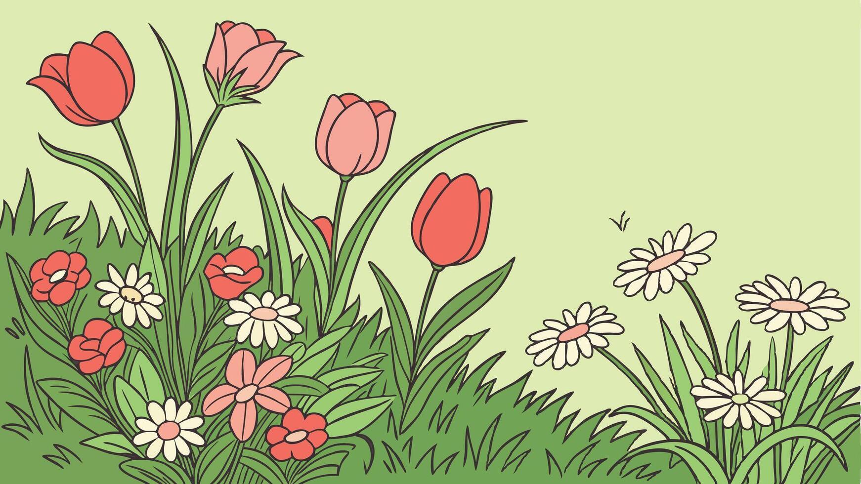 A vibrant garden bursting with colorful roses, tulips, and daisies, surrounded by lush green leaves, with an open space in the middle for a message. vector