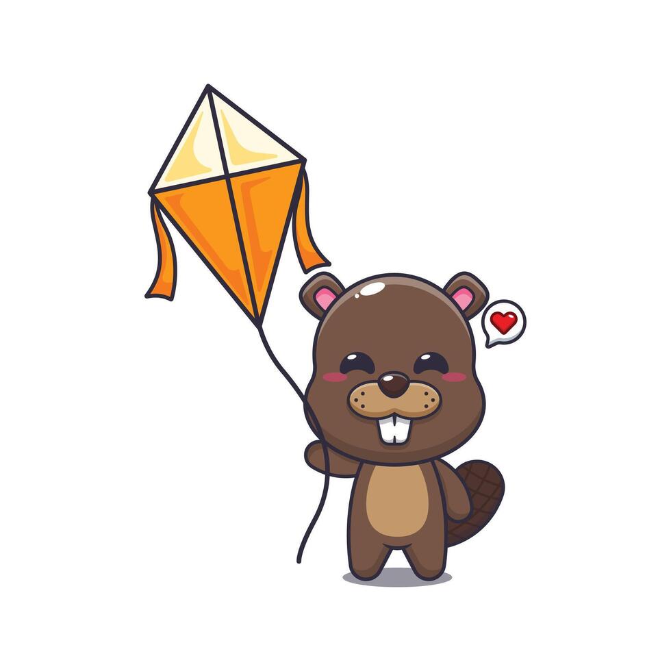 beaver mascot cartoon character illustration playing kite. vector