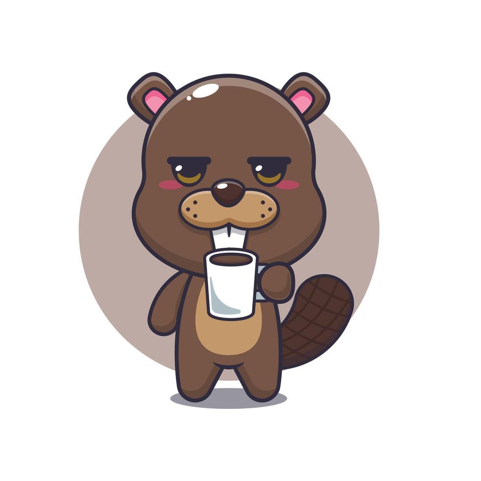 beaver mascot cartoon character illustration is tired and sleepy holding coffee. vector