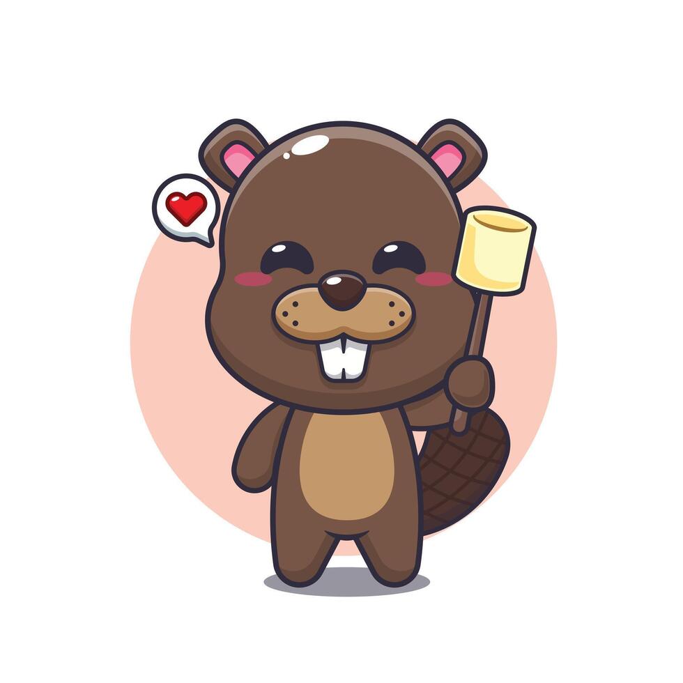 beaver mascot cartoon character illustration eating marshmallow. vector