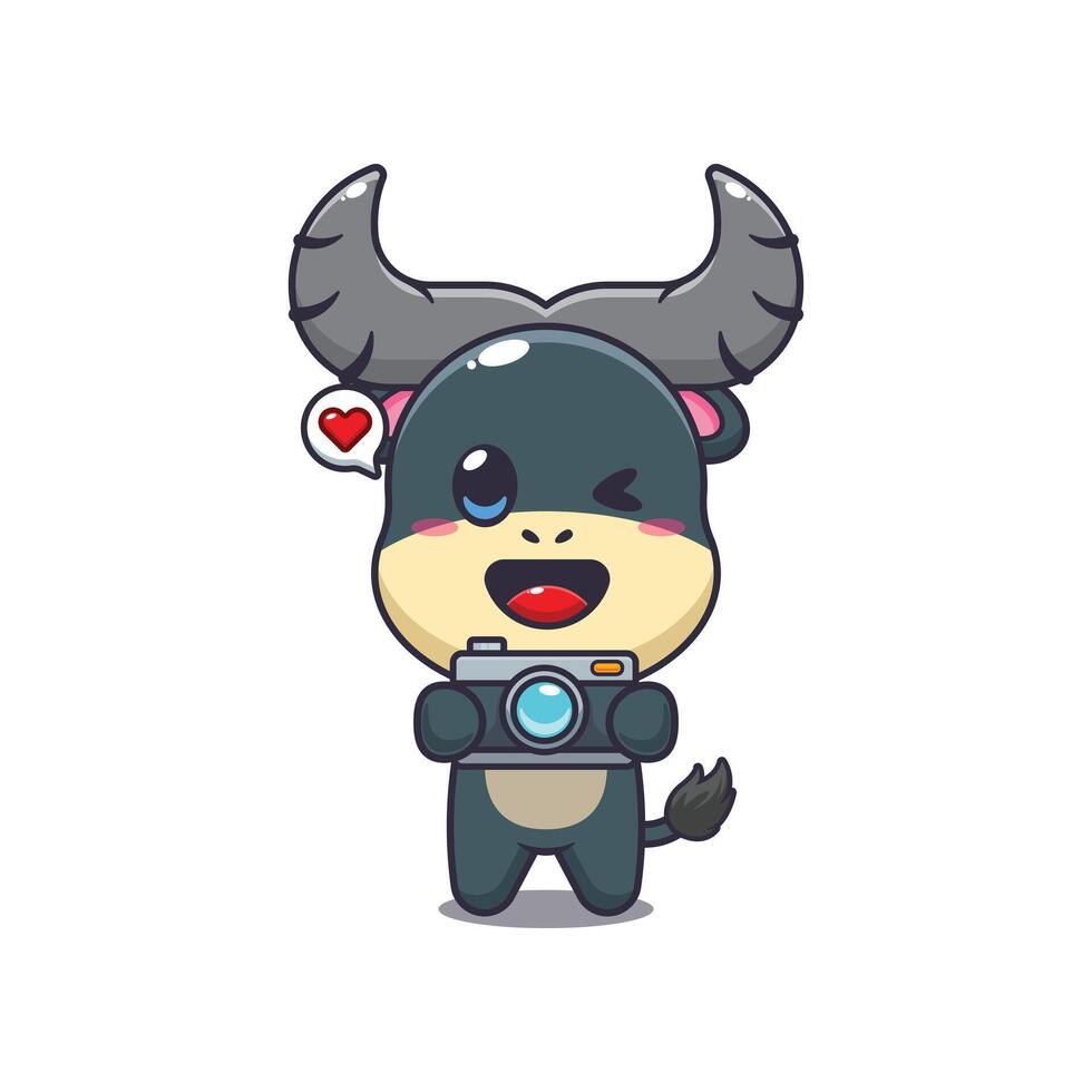 buffalo mascot cartoon character illustration with camera. vector