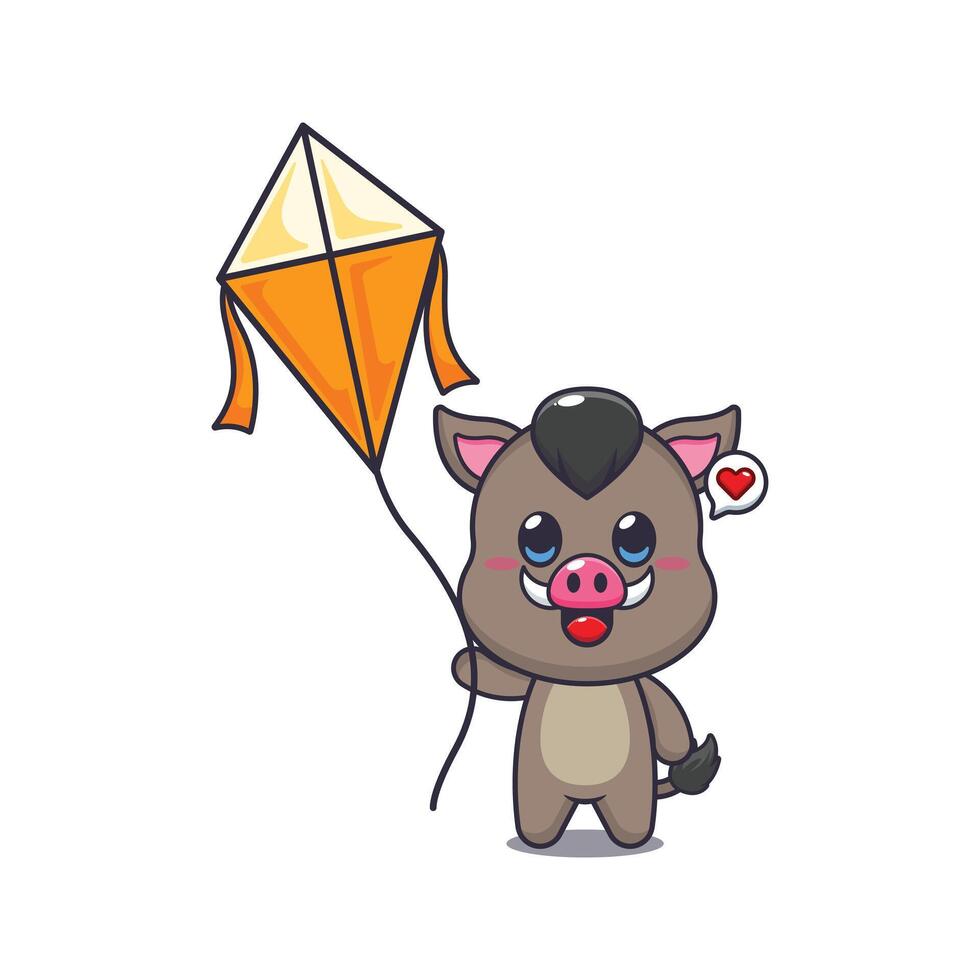 boar mascot cartoon character illustration playing kite. vector