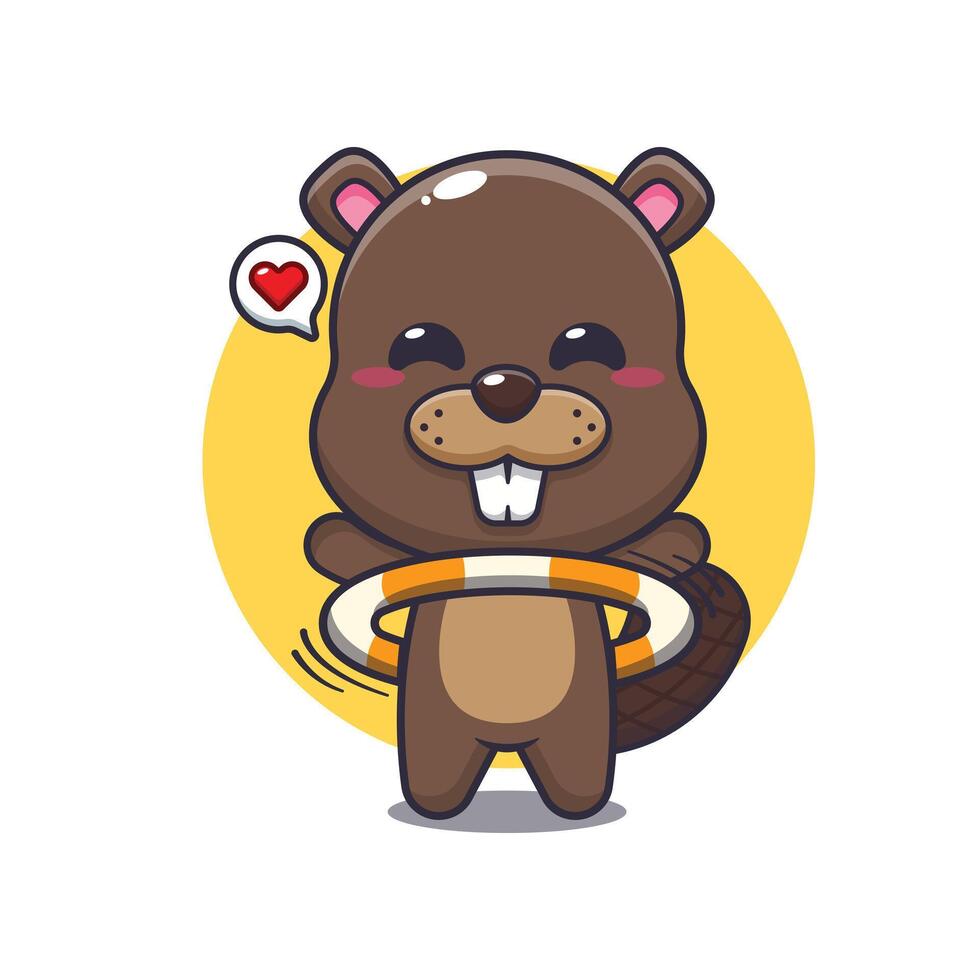 beaver mascot cartoon character illustration playing hula hoop. vector