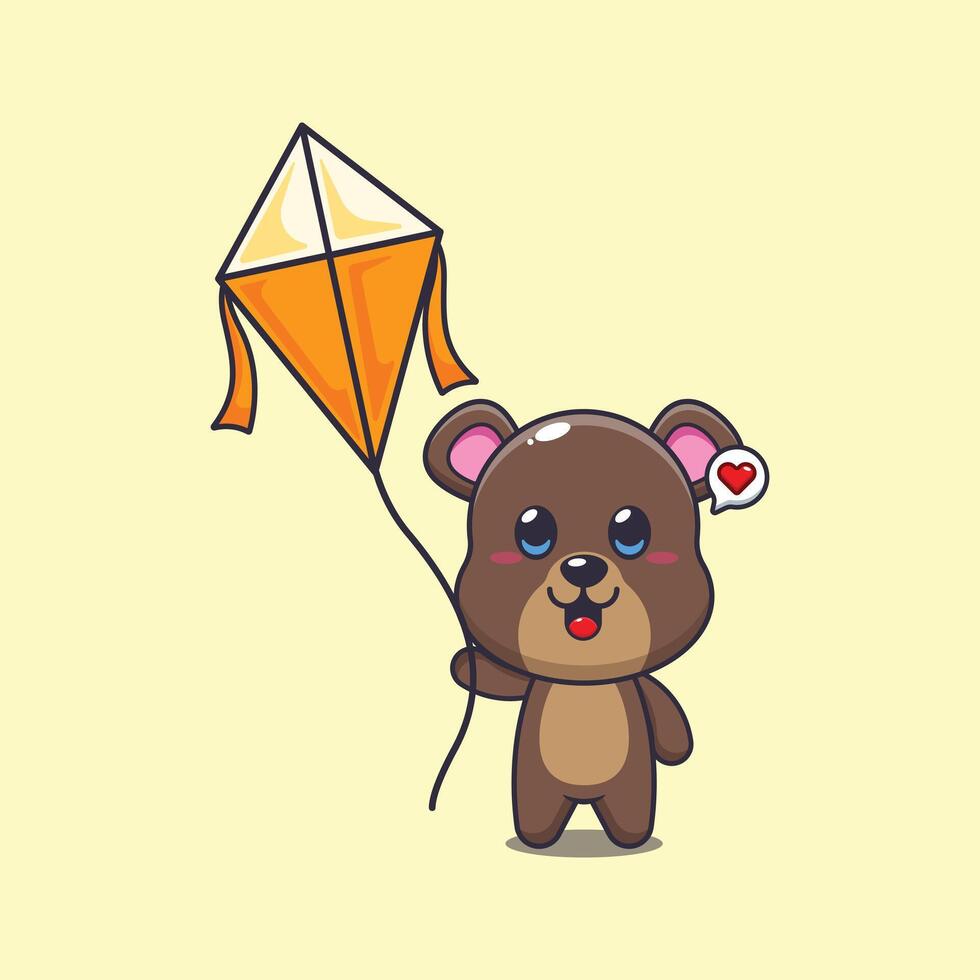 bear mascot cartoon character illustration playing kite. vector