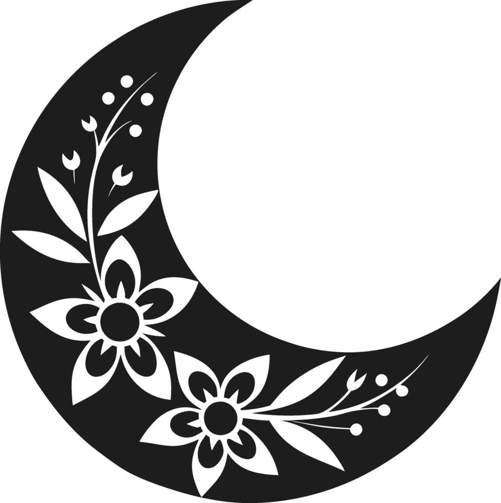 Floral Crescent Moon Silhouette with Decorative Flowers vector