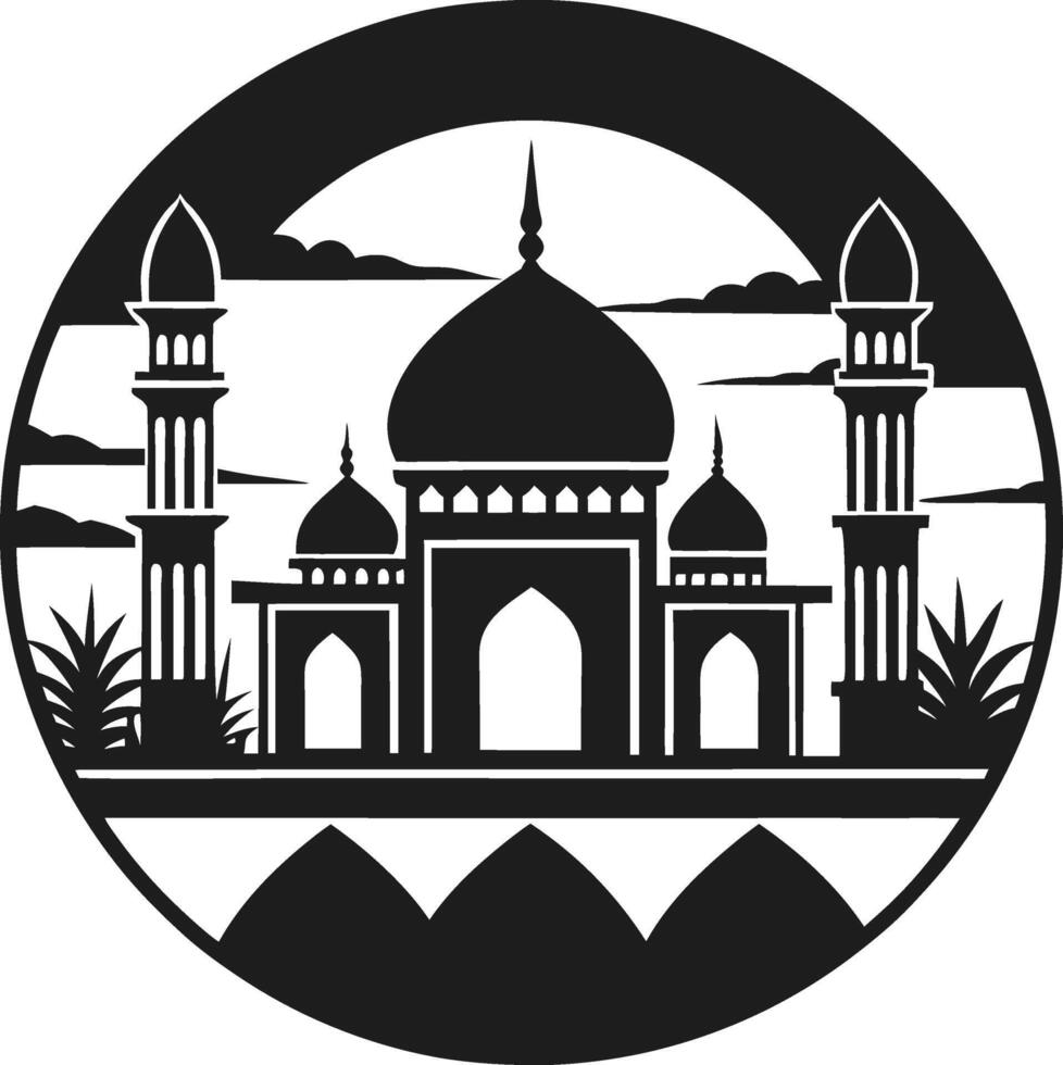 Islamic Mosque Silhouette with Dome and Minarets in Circular Frame vector