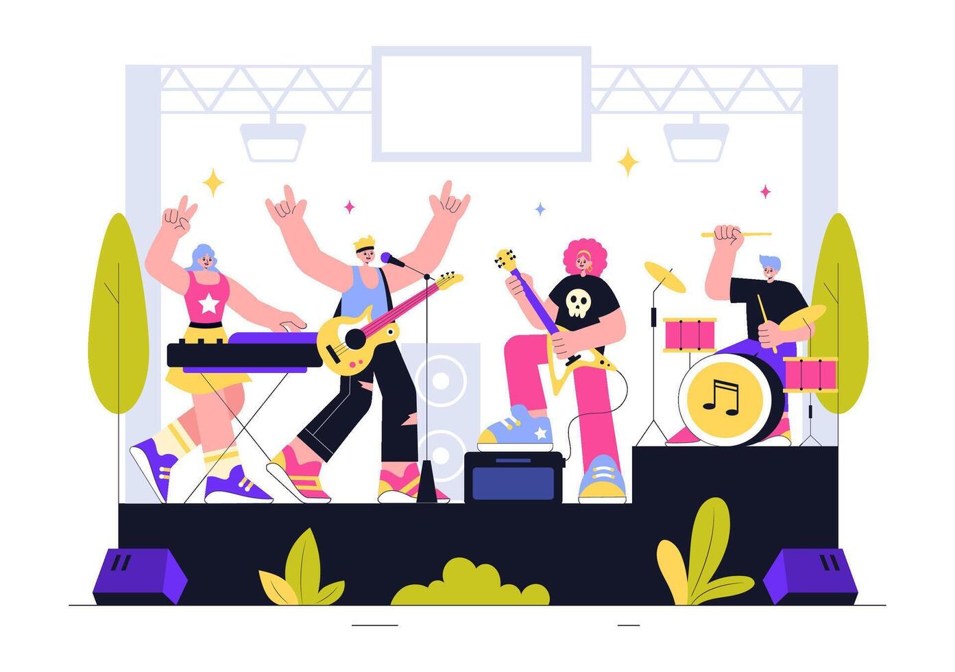 Vibrant Music Concert Illustration with Dancing and Singing Performances vector
