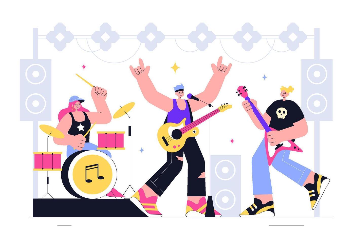Live Music Event Illustration with Artists Performing on Stage at a Summer Festival vector