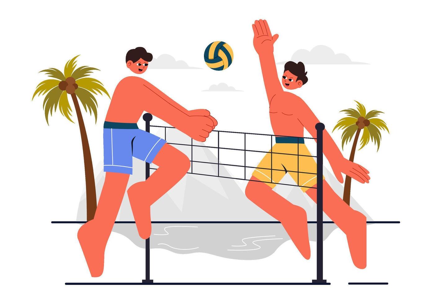 Flat Style Illustration of Players Enjoying Beach Volleyball in Swimsuits vector