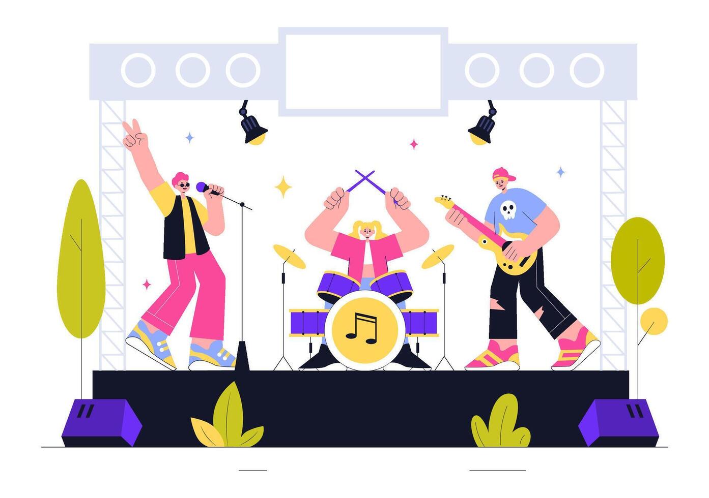 Music Festival Celebration Illustration with Performers and a Vibrant Crowd vector