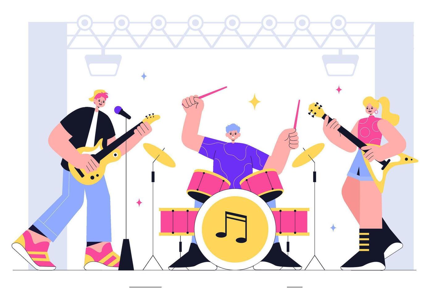Summer Music Festival Illustration Featuring Artists and Musical Instruments vector
