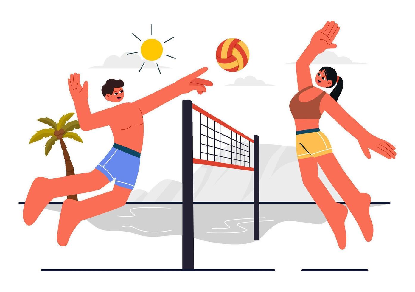 Flat Cartoon Design of Beach Volleyball Sports Activity in Summer vector