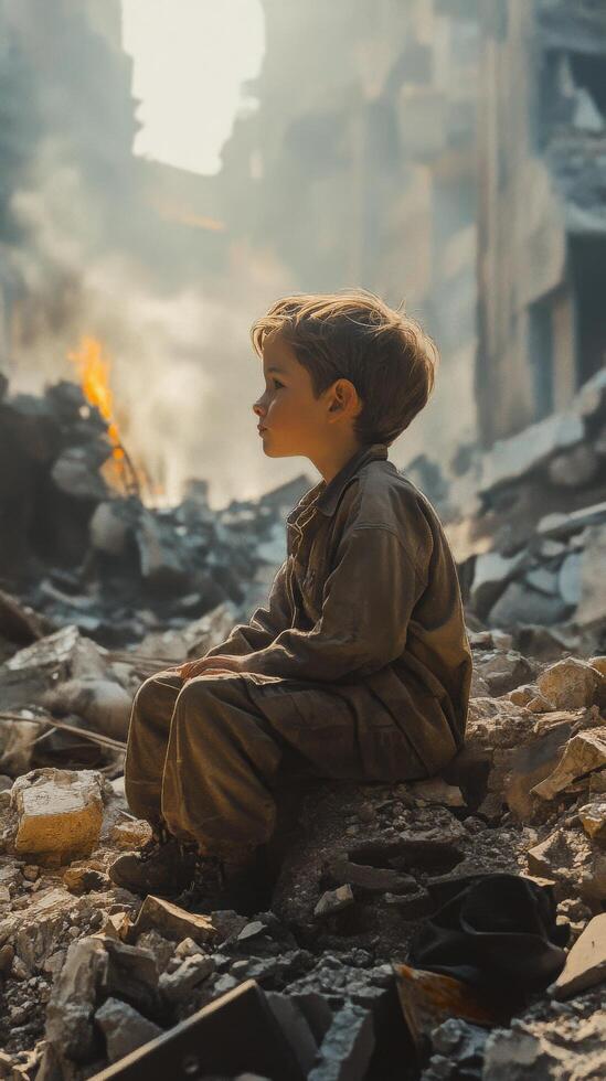 Child sitting on a pile of garbage in a polluted urban landscape surrounded by smoke photo