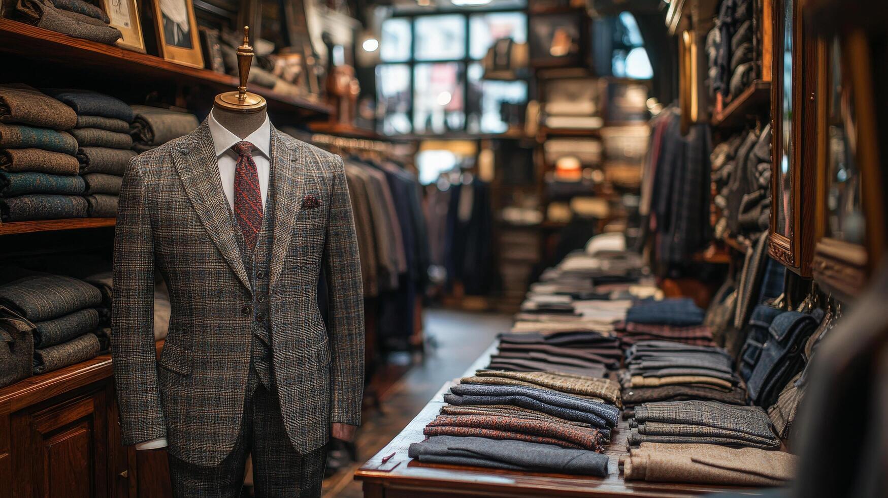 Tailored suits displayed in a classic menswear store filled with fabrics and accessories photo