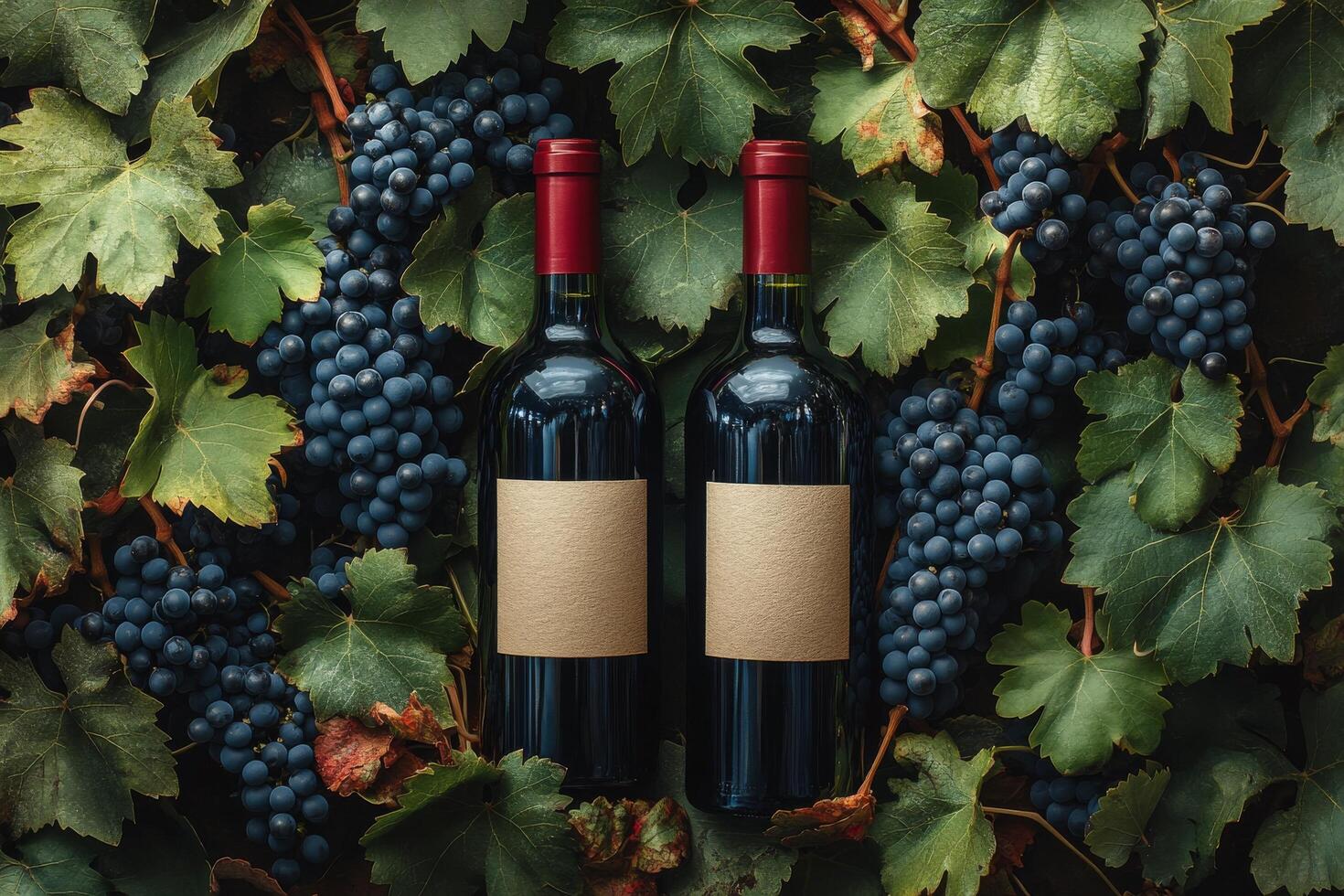 Bottles of wine surrounded by fresh grapes on green leaves creating a vibrant vineyard atmosphere photo