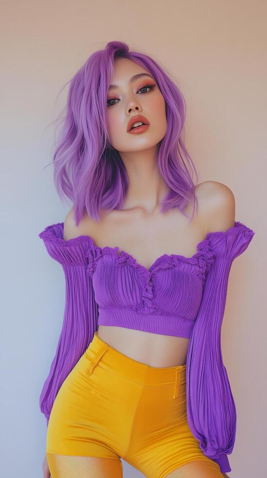 Fashion model displays a vibrant purple and yellow outfit with chic accessories in a modern studio photo