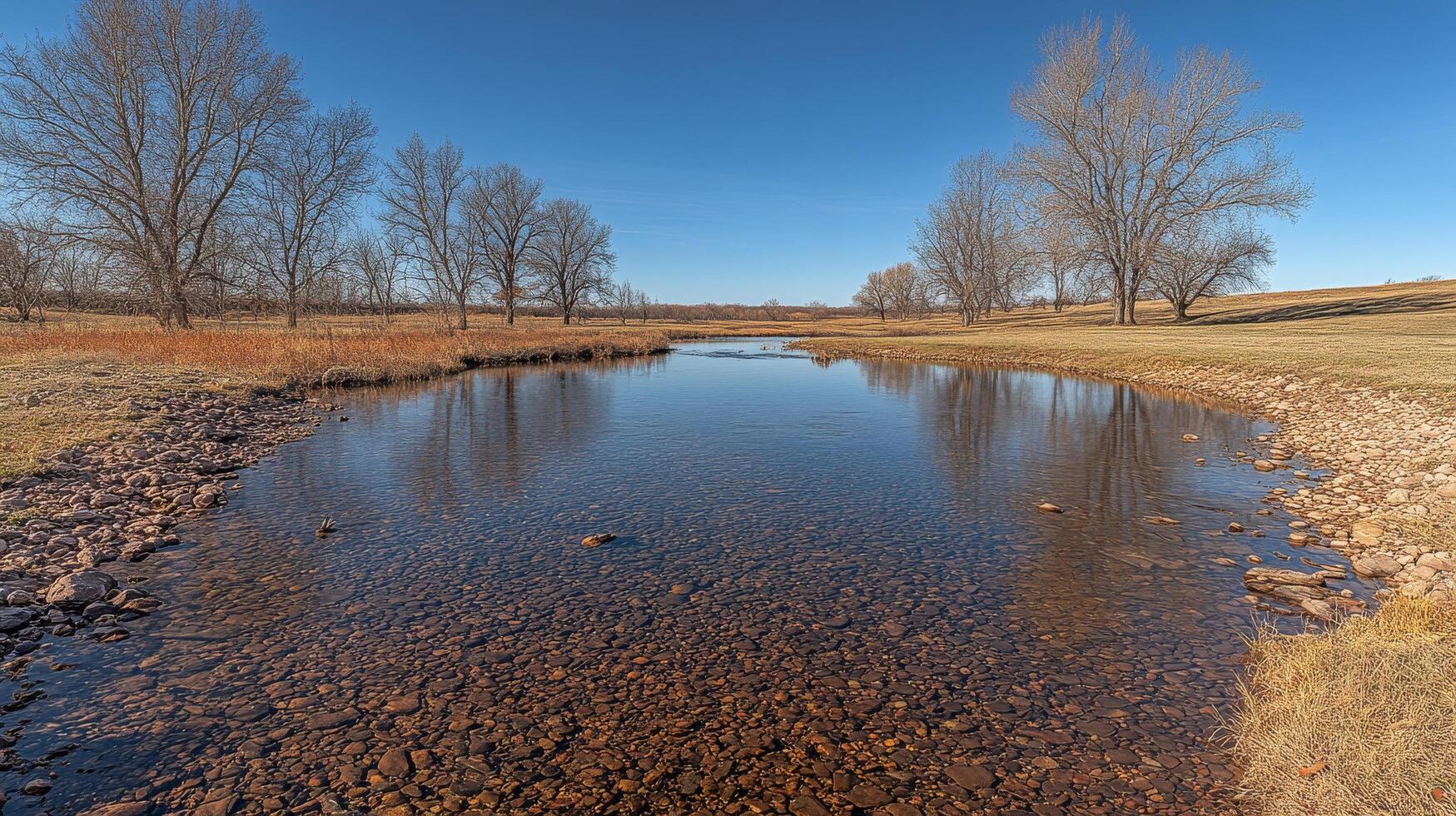 Clear river flowing gently through a tranquil landscape with lush greenery and rocks under sunny skies photo