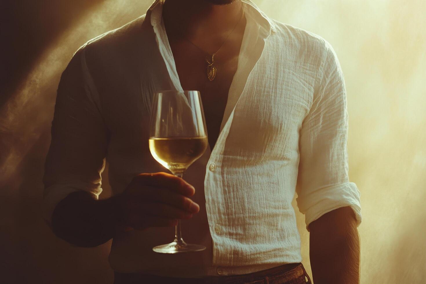 Celebrating joy with a glass of white wine at a tropical location during sunset photo