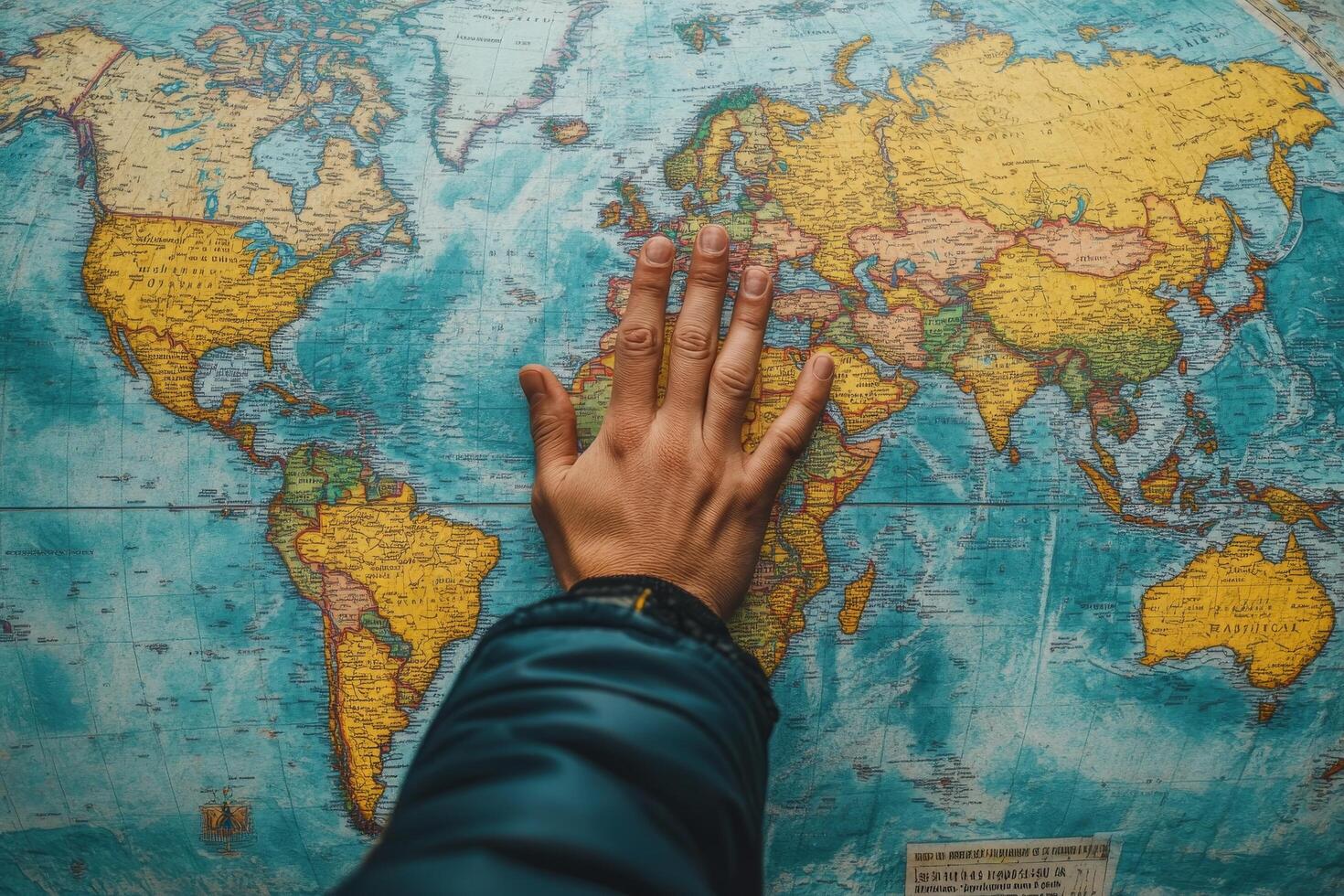 Exploring the world map with a hand placement over Europe, showcasing global geography and travel dreams photo