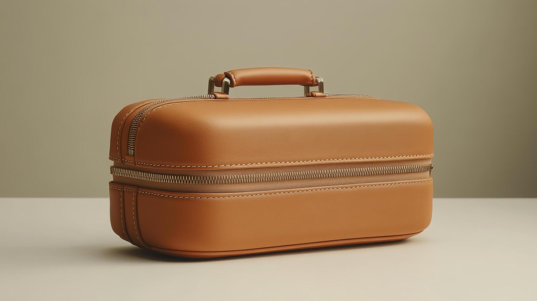 Luxurious tan leather storage case on a modern countertop with green plant photo