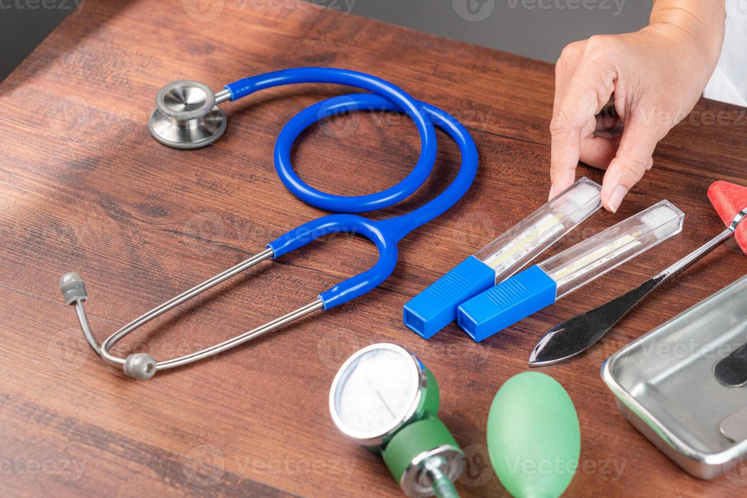 Healthcare Tools on a Wooden Table photo