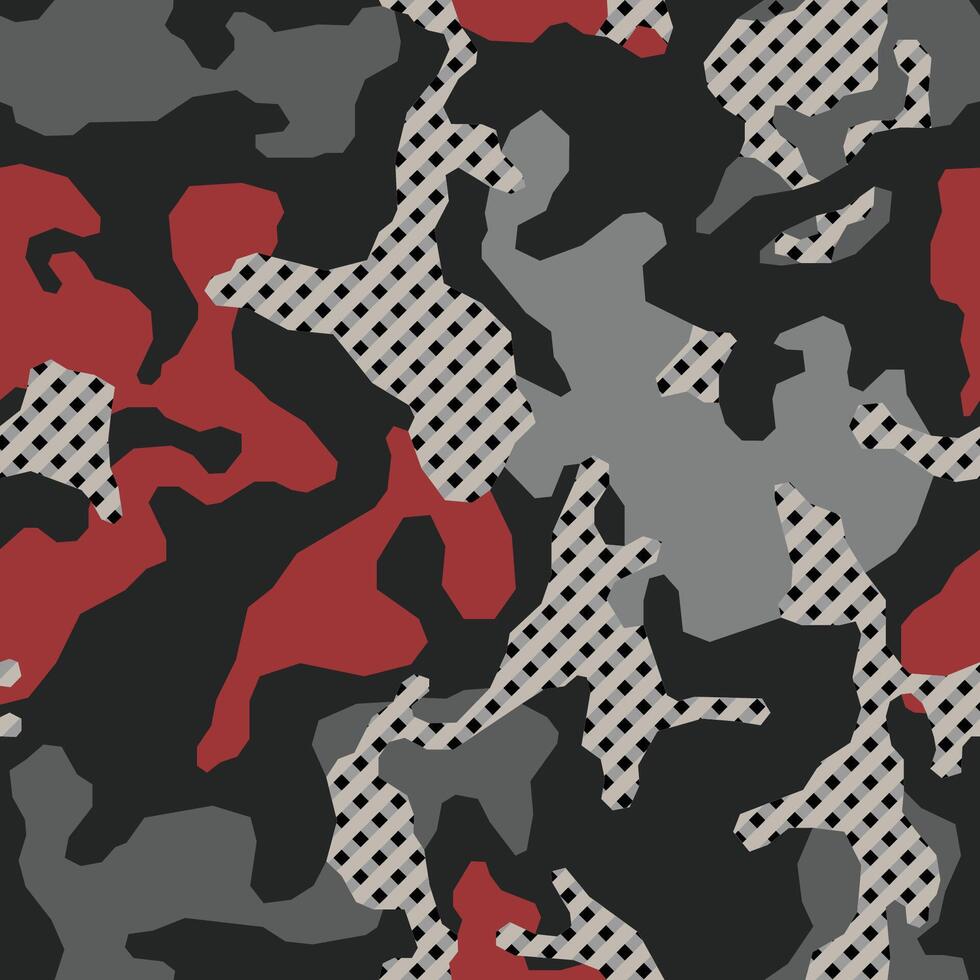 Stylish camouflage seamless pattern. Abstract modern military camo. Urban texture. Black, gray and red color background vector