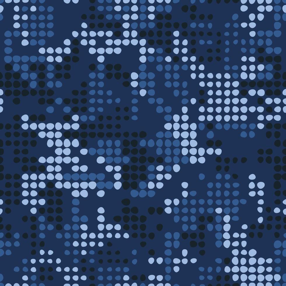 Digital camouflage seamless pattern for your design. Navy blue halftone dots camouflage, military fabric. Camo texture. vector