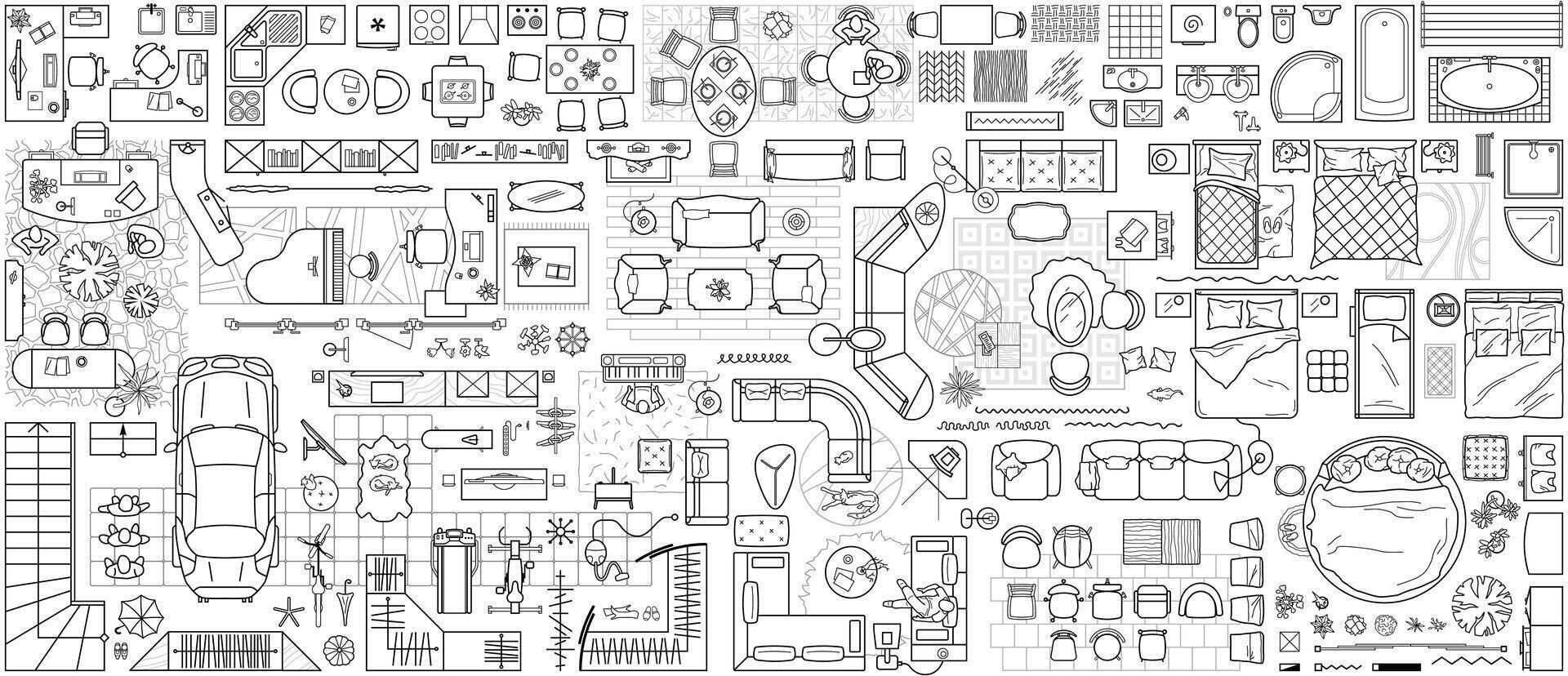 Set of furniture top view for apartments plan. The layout of the apartment design, technical drawing. Interior icon for bathrooms, living room, kitchen, bedroom vector