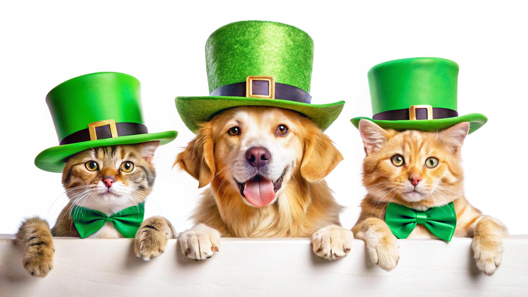 Playful St. Patrick's Day Scene with Pets in Leprechaun Hats photo