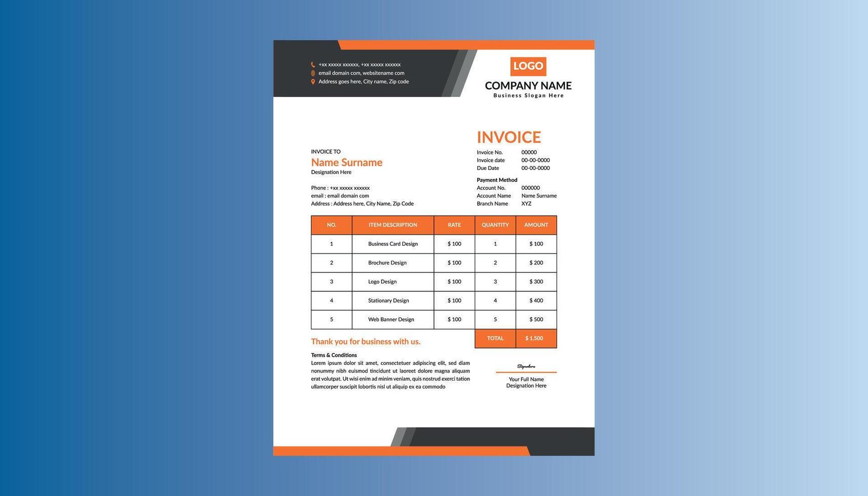 Modern Invoice Design. Classic Layout Display for Promotional Campaign. vector