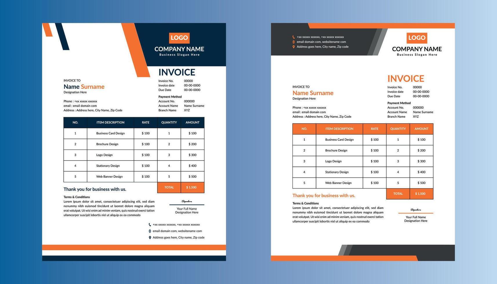 Modern Invoice Design in Bundle. Classic Template Display for Promotional Campaign. vector