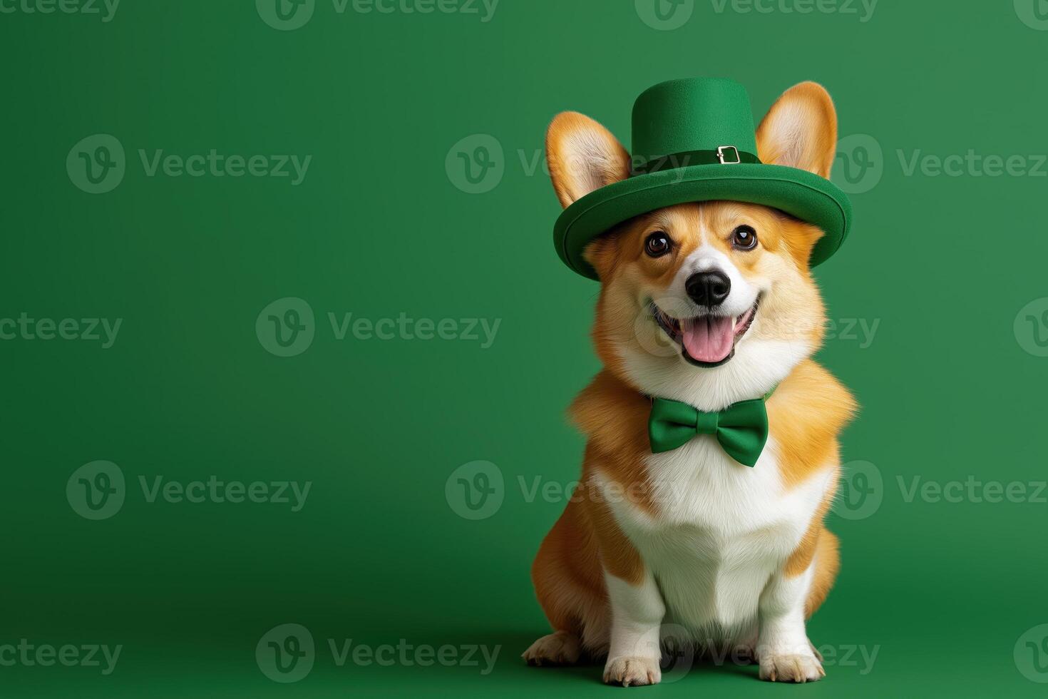 Cheerful corgi wearing a green hat and bow tie photo