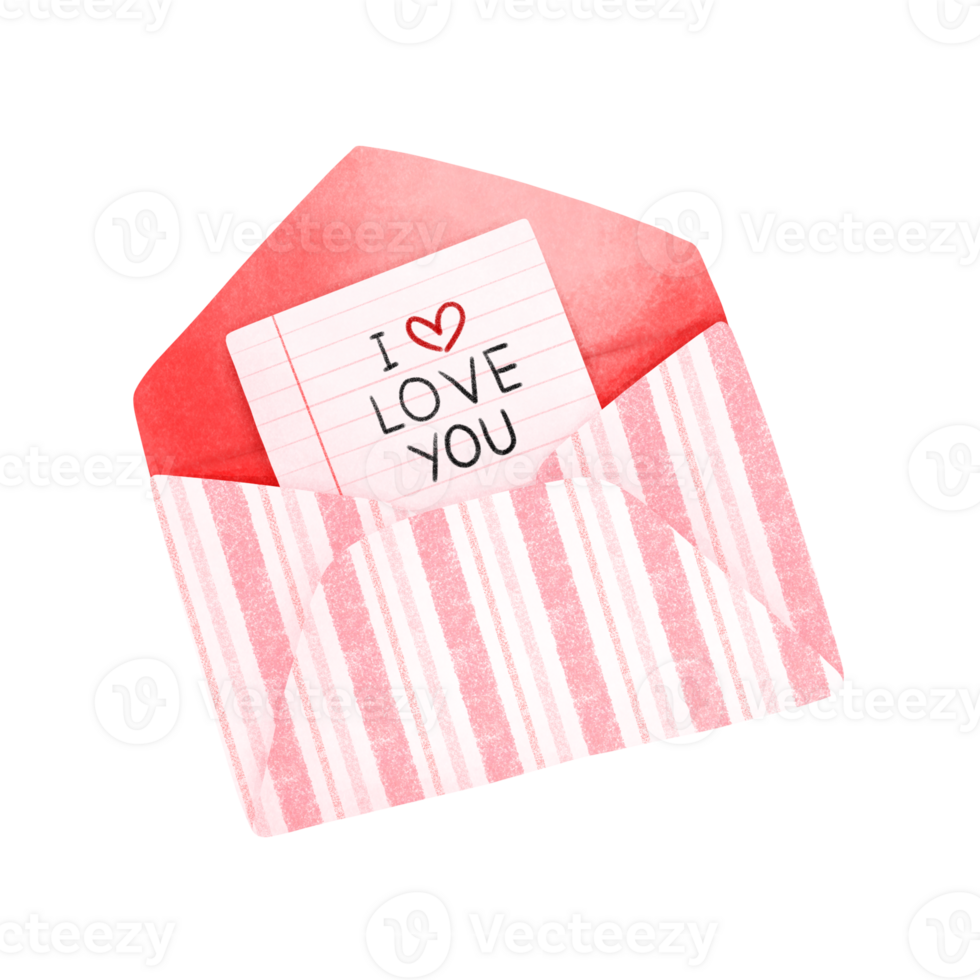 The watercolor painting of the envelope has a line pattern. The interior is red and there is a piece of paper inside. The paper says I love you. png