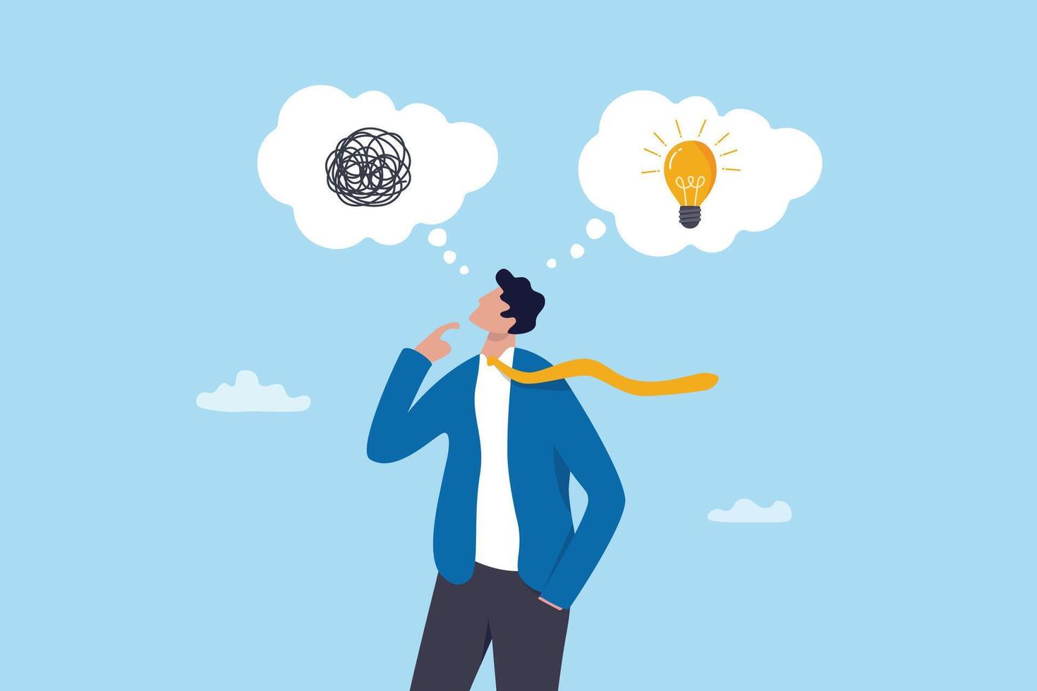 Problem solving, solution or strategic thinking, creativity to solve frustrated problem, contemplation on messy issue, opportunity discovery, businessman thinking with mess problem and lightbulb idea. vector