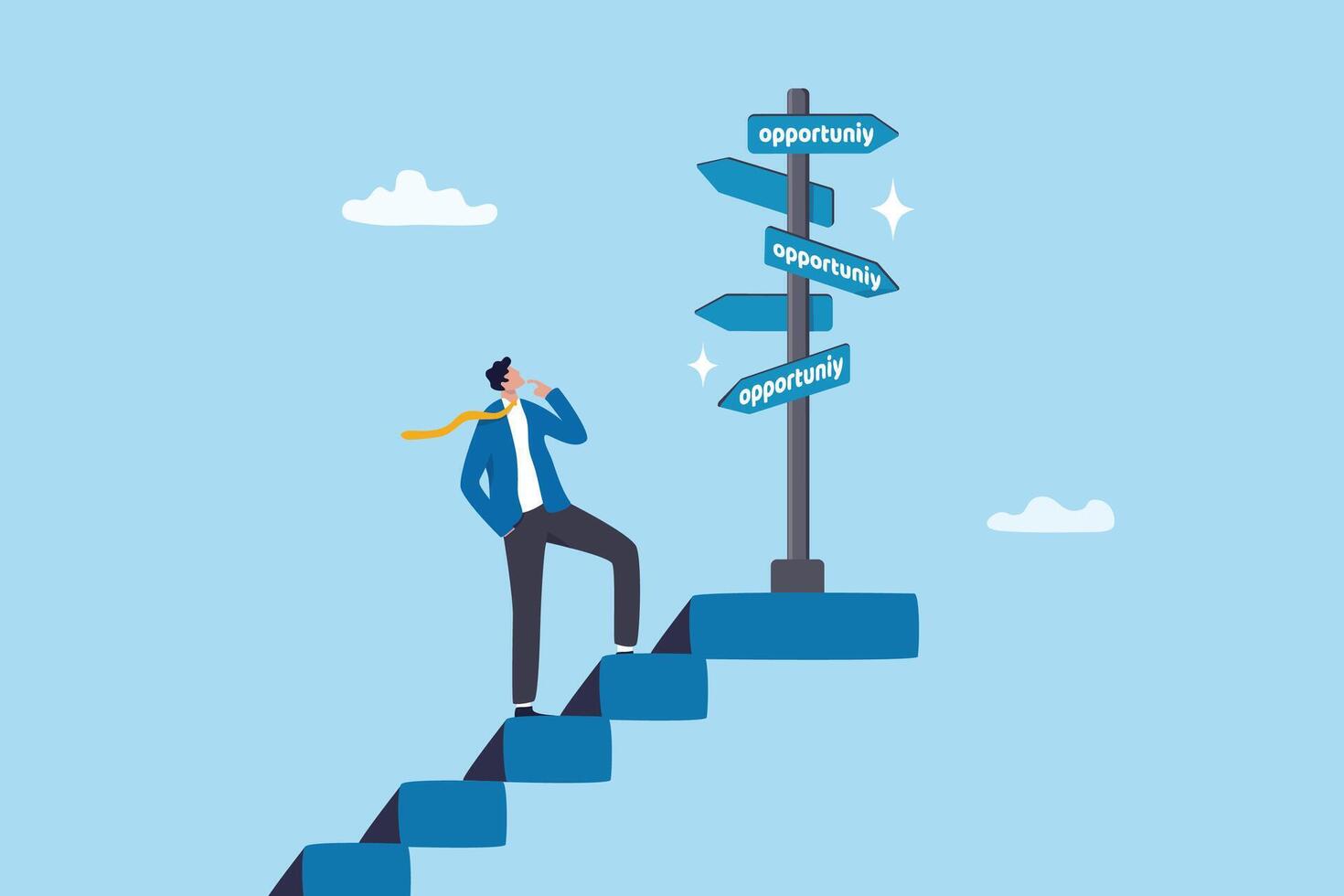 Opportunity, chance or career possibility to make decision, life choice to grow business, work accessibility, challenge or potential way to success, businessman climb up stair to see opportunity sign. vector