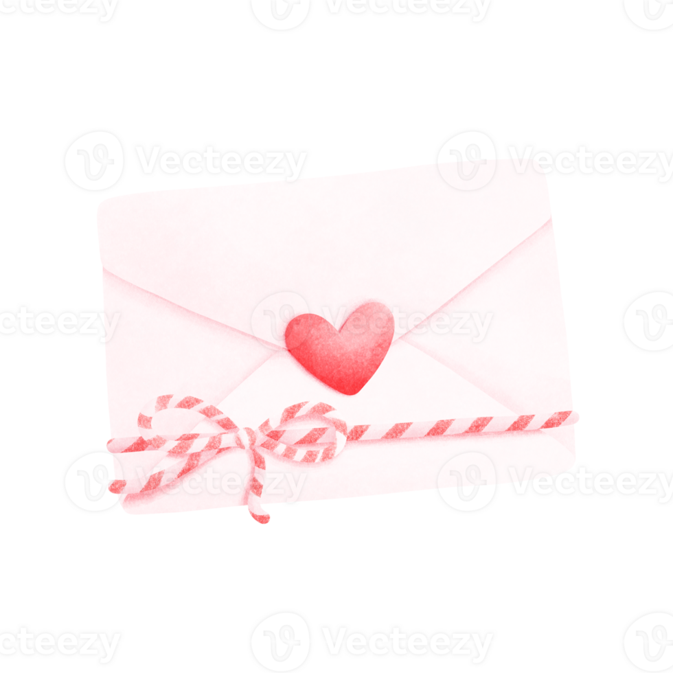 Watercolor painting of a white envelope in pink tones with a red heart covering the front of the envelope and a white-red string tied at the bottom. png