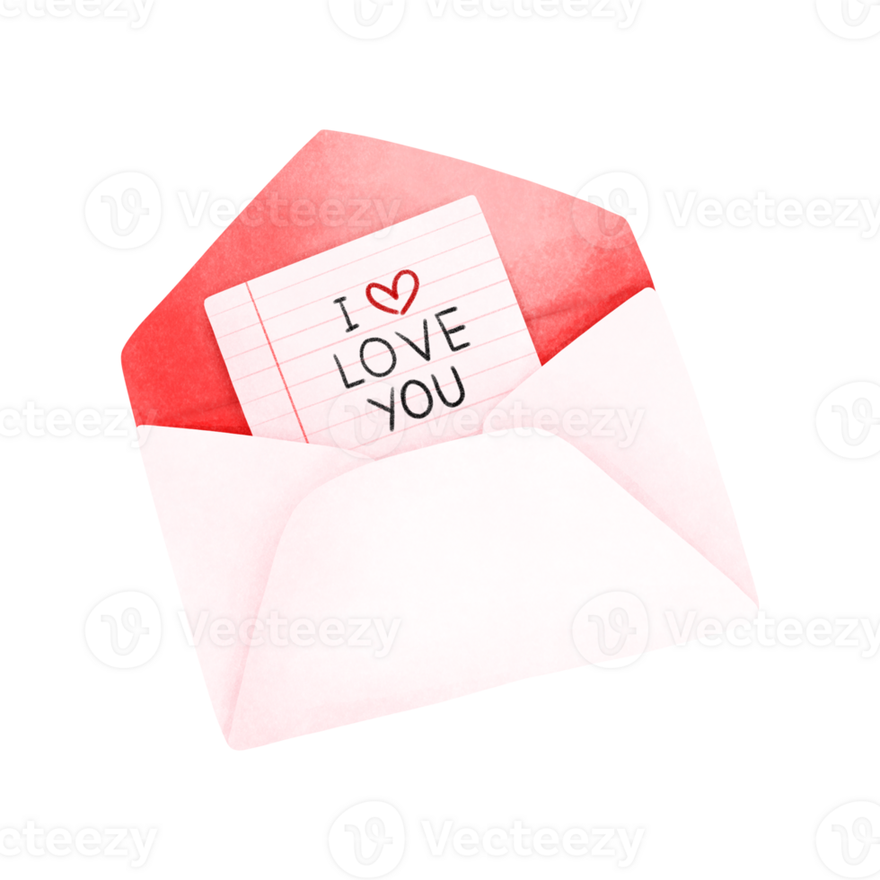 Watercolor painting of a white envelope with red inside and a piece of paper inside. The paper says I love you. png