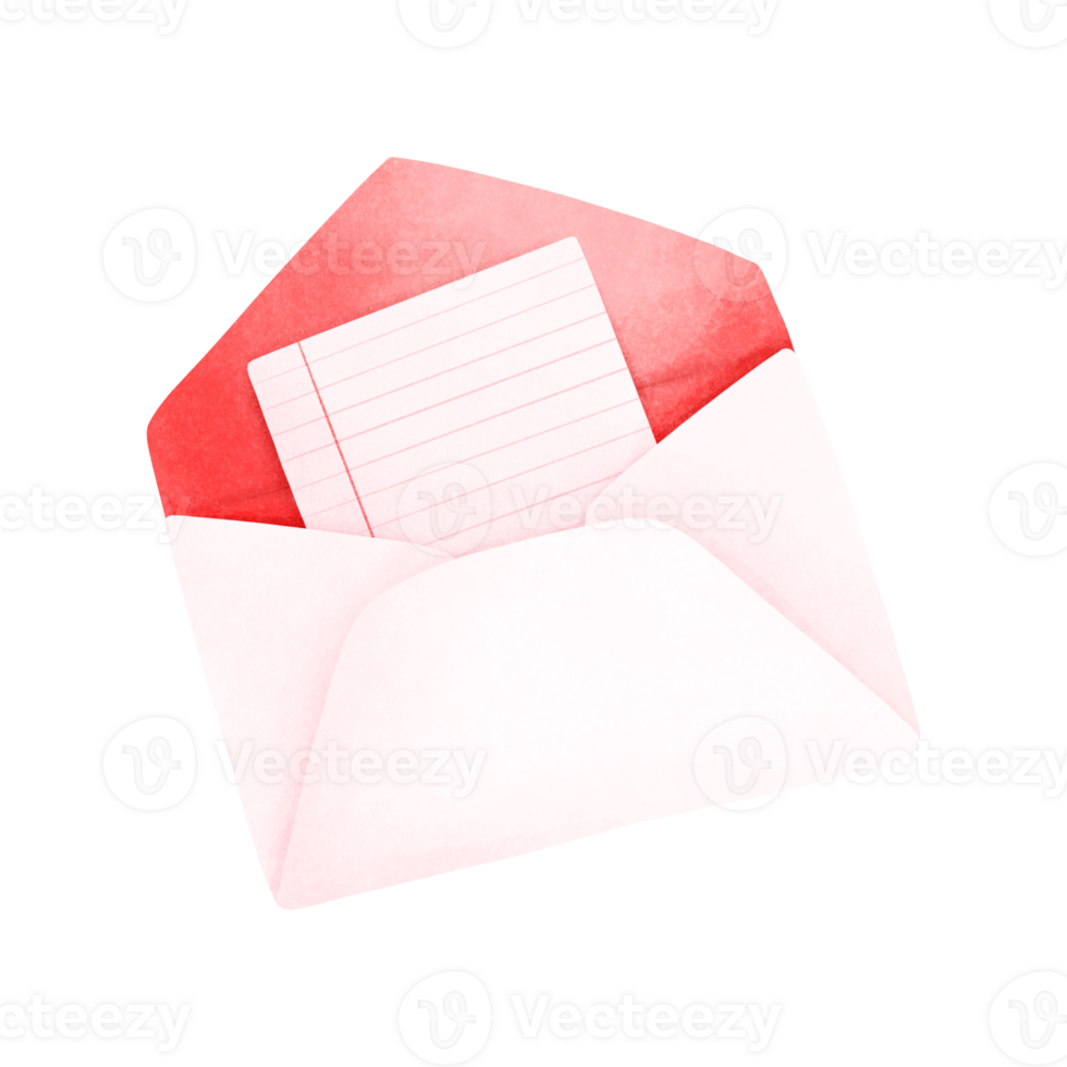 Watercolor painting of a white envelope with red inside and a piece of paper inserted inside. png