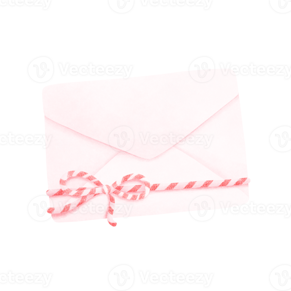Watercolor painting of a white envelope in pink tones with a white-red string tied at the bottom. png