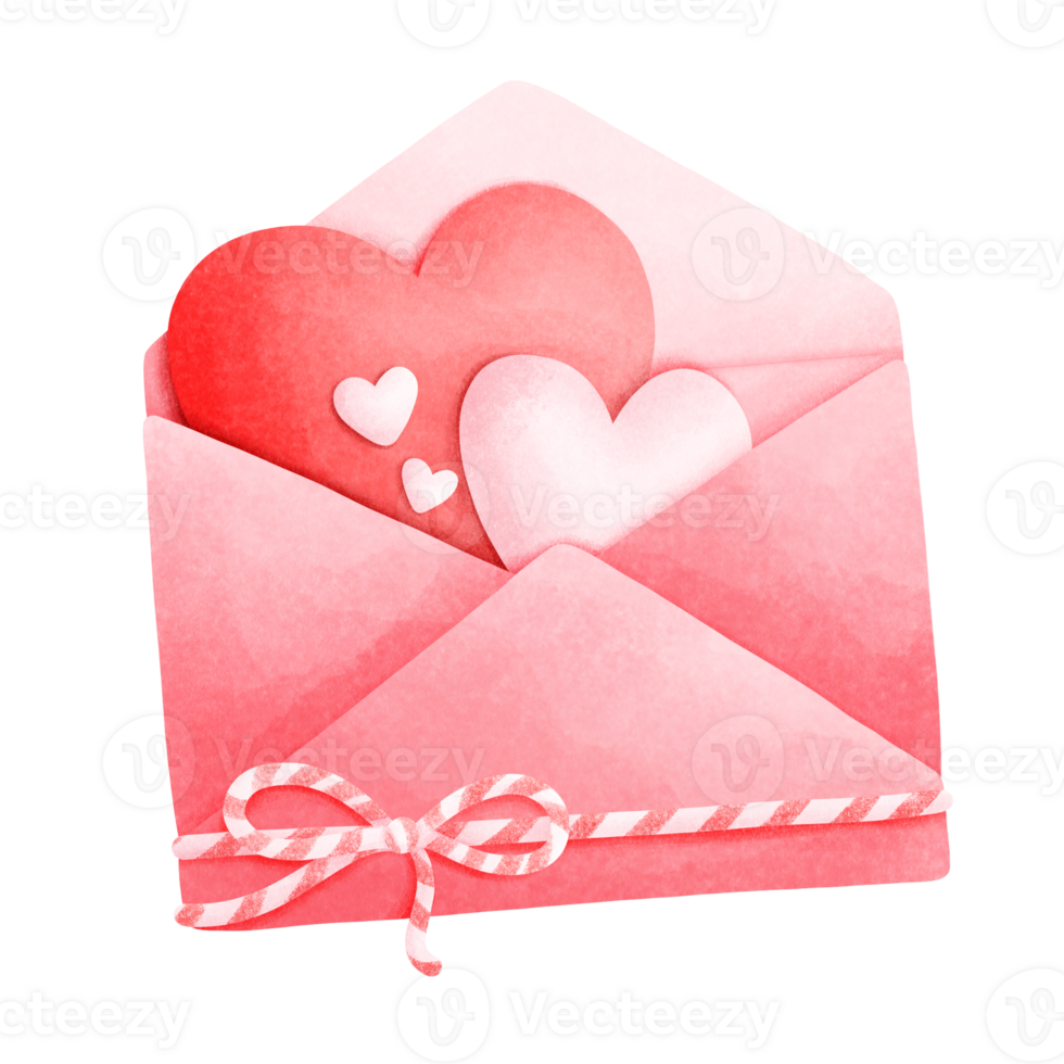 Watercolor painting of a red envelope with a red and white string tied at the bottom and a heart inside the envelope. png