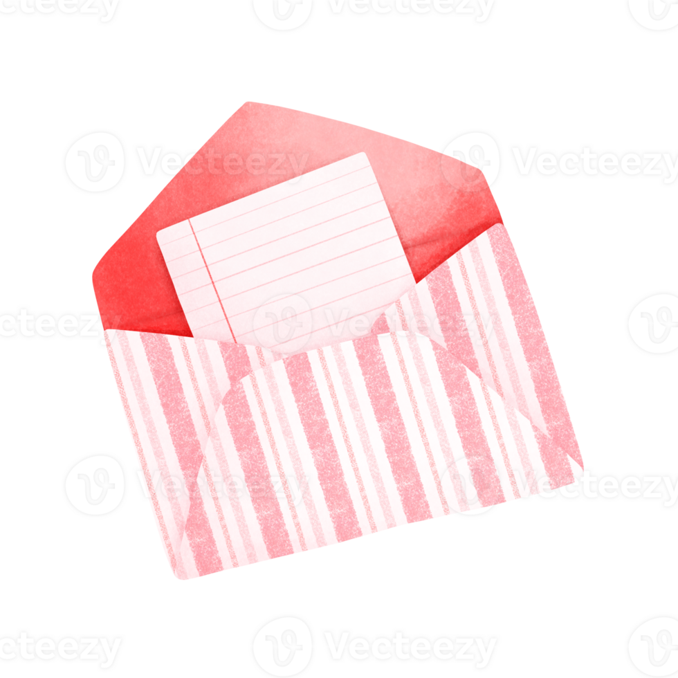 The watercolor painting of the envelope has a line pattern, is red inside, and has a piece of paper inside. png