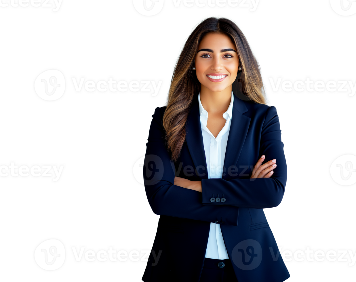 portrait spain latin young girl smiling, business woman in casual suit crossing arms on chest on transparent background png