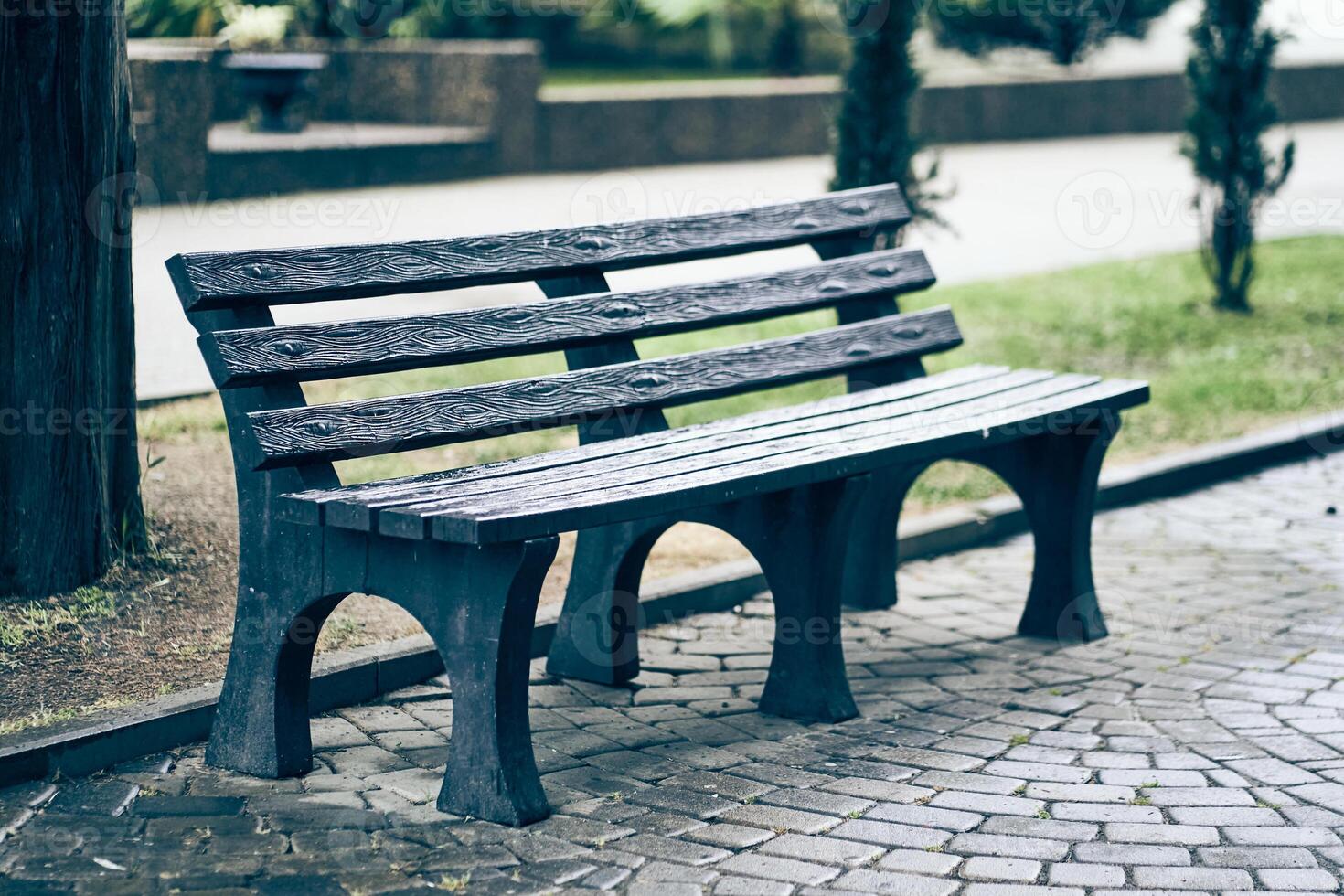 An empty dark wooden bench without people in a public park, with trees and a sidewalk in the background. With space to copy photo