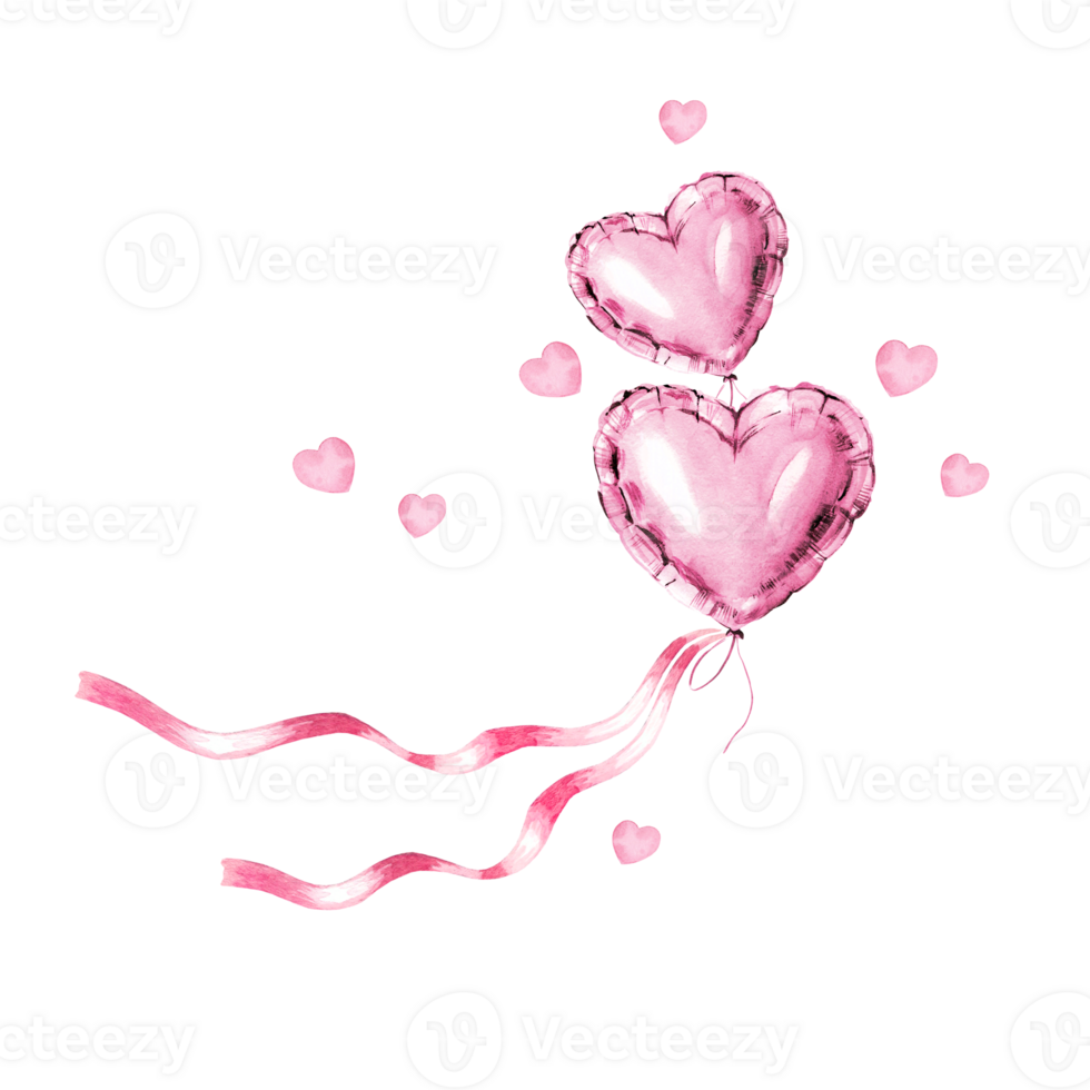 watercolor hand drawn composition with pink and metallic foil air balloons, heart shape metallic balloon for Valentine day, sketch of event decoration png