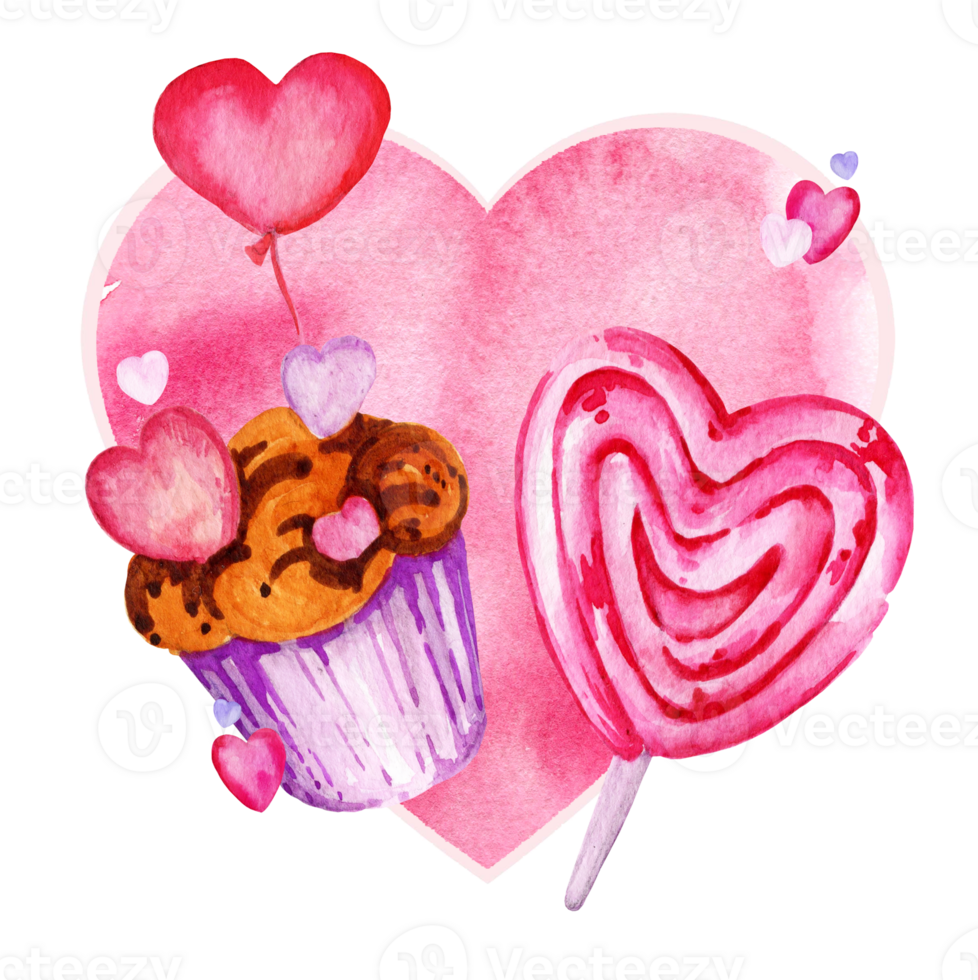 seamless watercolor pattern with heart, candy and cupcakes of Valentine day theme, hand draw illustration, pink and lilac color. For wedding, fabric, Valentine's Day, mother's day png
