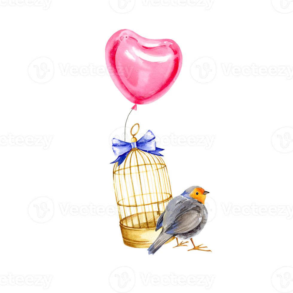 watercolor composition with golden bird cage, cute red breasted bird, knotted blue ribbon with bow, red air shape of a heart balloon, hand drawn sketch, illustration for valentine's day, birthday png