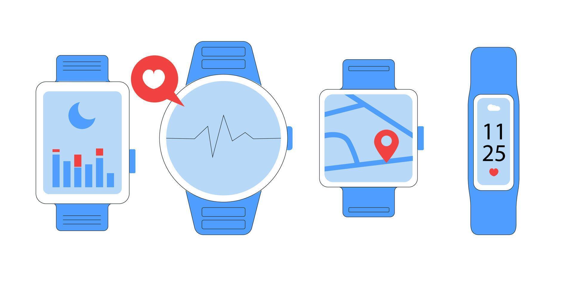 fitness bracelet and smartwatch set offers seamless tracking for activity, heart rate, sleep, and GPS. Ideal for workouts, notifications, and reaching wellness goals. vector