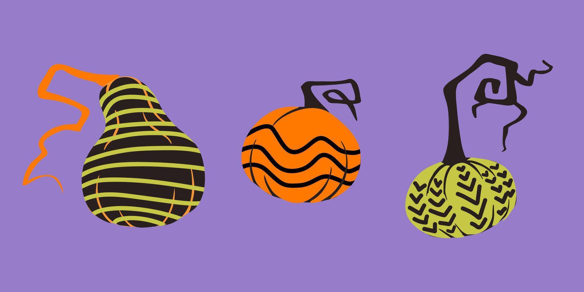 decorative pumpkins with abstract patterns in black, orange, and green on a purple background. The twisted stems add a whimsical, modern feel. Perfect for Halloween or autumn decor, party invitations vector