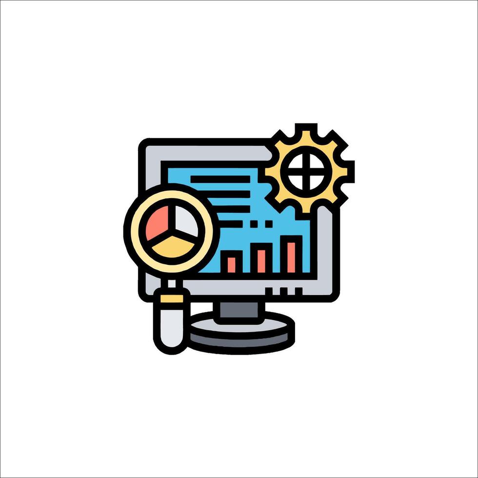 A computer monitor with a magnifying glass and a graph vector